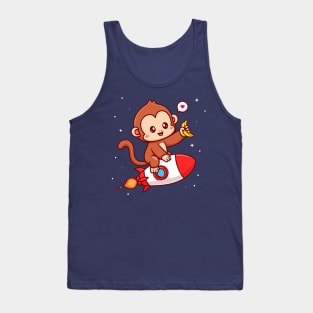 Cute Monkey Riding Rocket And Holding Banana Cartoon Tank Top